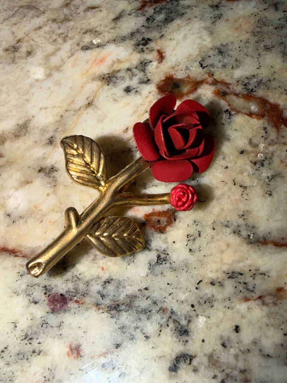 Vintage Red Rose and Bud Gold Tone Brooch Pin